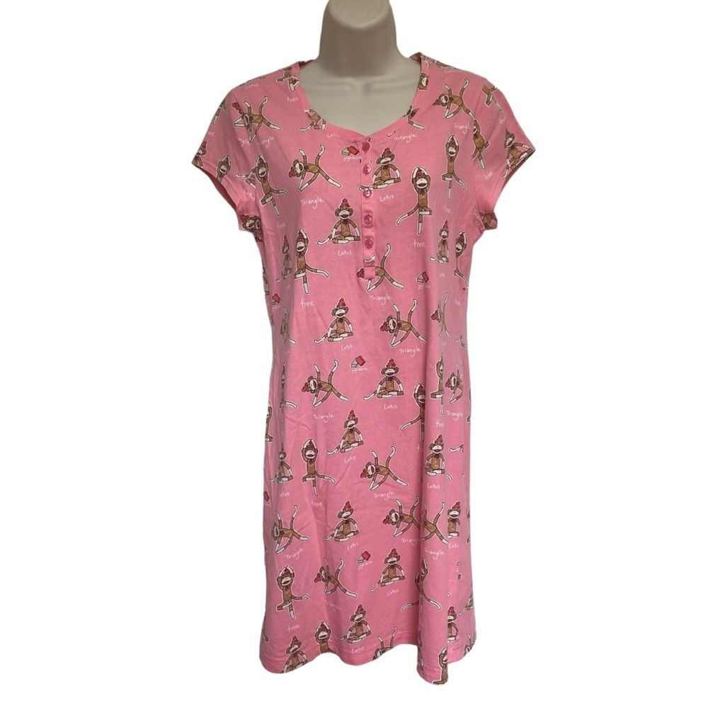 Adonna Sock Monkey Yoga Poses Pink Cotton Sleep Night Shirt Sz S